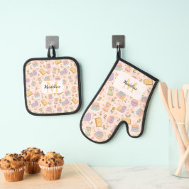 Personalized Pastel Pink Kitchen Magic Ovenwant & Pannenlap Set