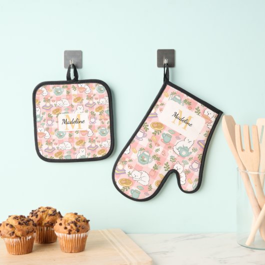 Personalized Pastel Pink Kitchen Tea Cats Ovenwant & Pannenlap Set (Insitu(Ophanging))