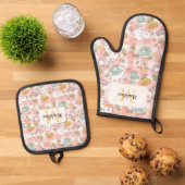 Personalized Pastel Pink Kitchen Tea Cats Ovenwant & Pannenlap Set (Top down)