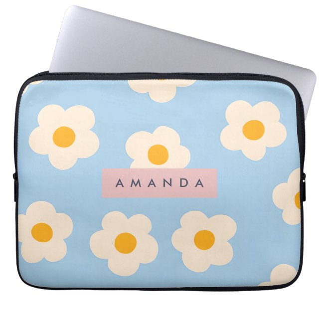 Personalized Pastel Retro Blue Daisy Flower Laptop Sleeve (Voorkant)