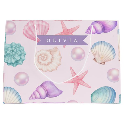 Personalized Pastel Seashell Coastal Custom Name Groot Cadeauzakje (Voorkant)