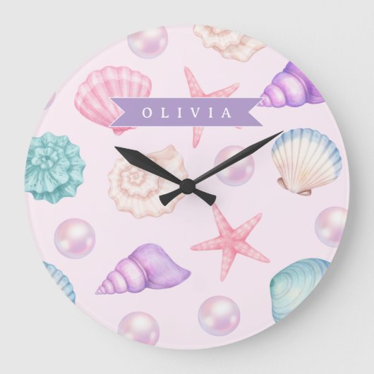 Personalized Pastel Seashell Coastal Custom Name Grote Klok (Voorkant)
