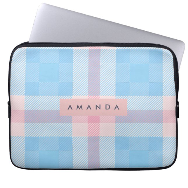 Personalized Pastel Sky Blue and Blush Pink Plaid Laptop Sleeve (Voorkant)