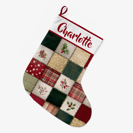 Personalized Patchwork Christmas Stocking Grote Kerstsok (Voorkant (Hangend))