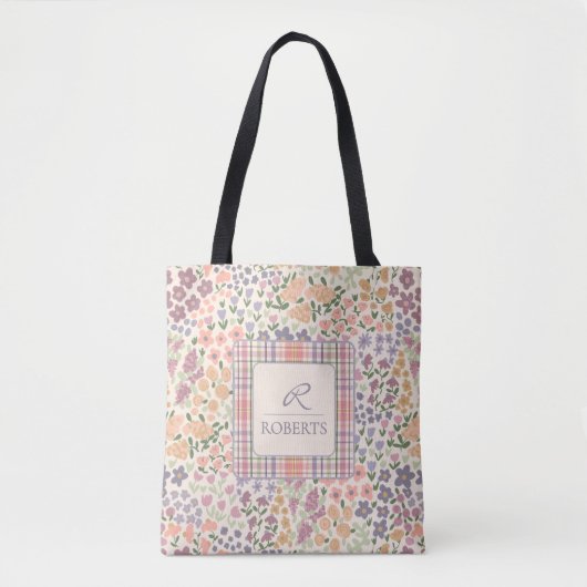 Personalized Patchwork Floral & Plaid Tote Bag (Voorkant)