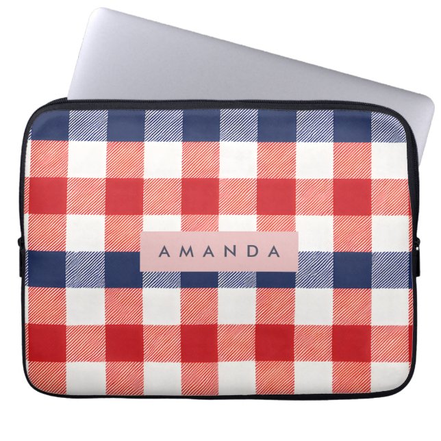 Personalized Patriotic Red, White & Blue Gingham Laptop Sleeve (Voorkant)