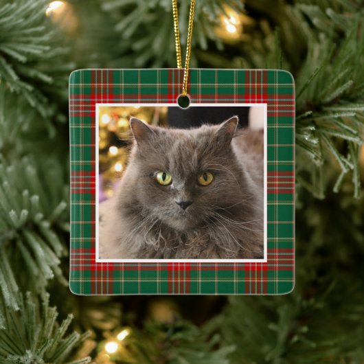 Personalized Pet Cat Dog Christmas Plaid Keramisch Ornament (Boom)