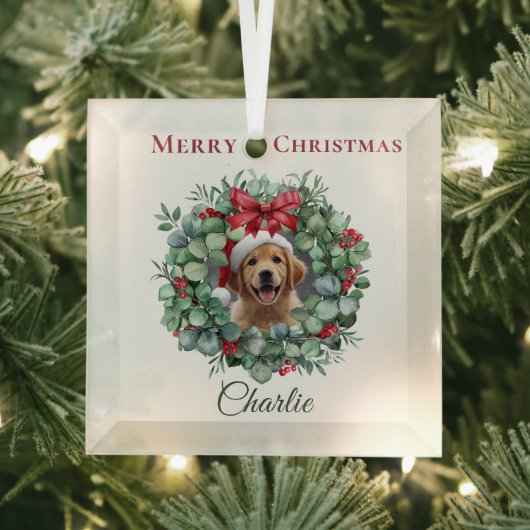 Personalized Pet Christmas with Wreath & Name Glas Ornament (Insitu)