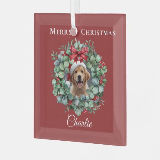 Personalized Pet Christmas with Wreath & Name Glas Ornament (Voorkant links)