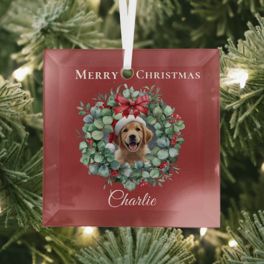 Personalized Pet Christmas with Wreath & Name Glas Ornament (Insitu)