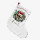 Personalized Pet Christmas with Wreath & Name Grote Kerstsok (Voorkant (Hangend))