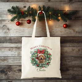 Personalized Pet Christmas with Wreath & Name Tote Bag