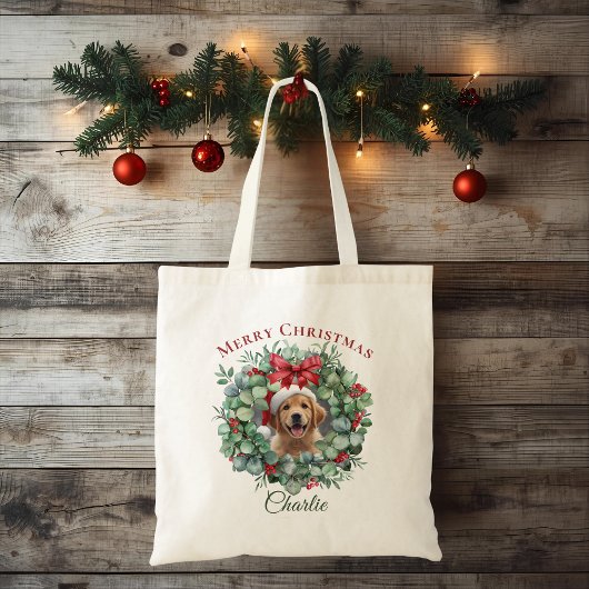 Personalized Pet Christmas with Wreath & Name Tote Tote Bag