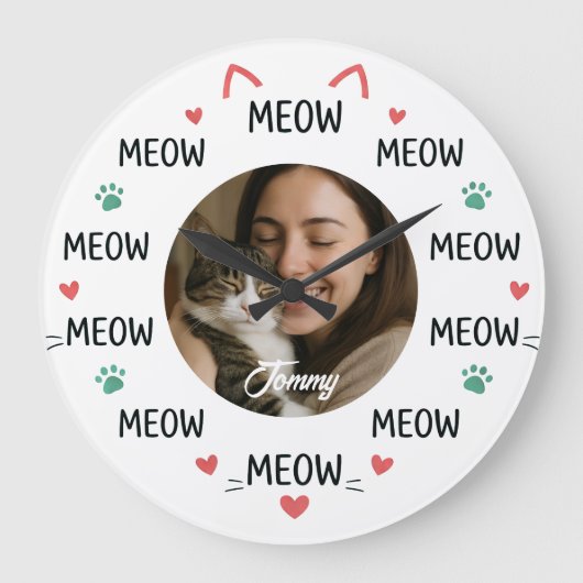 Personalized Pet Photo Wall Clock with 'MEOW'  Grote Klok (Voorkant)
