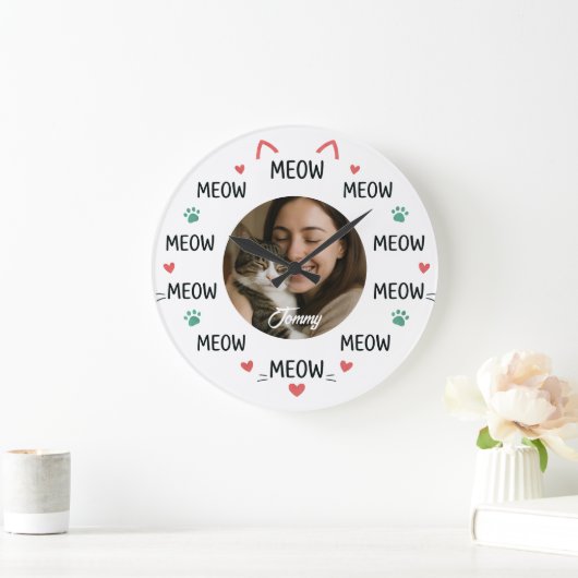 Personalized Pet Photo Wall Clock with 'MEOW' Grote Klok (Huis)