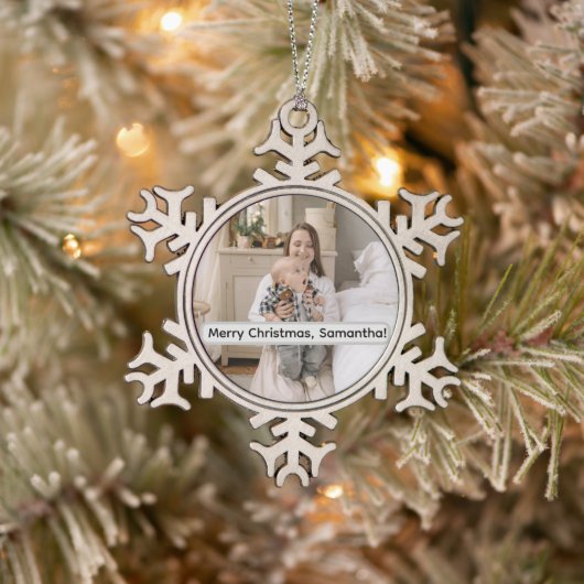 Personalized Pewter Snowflake Photo Christmas  Tin Sneeuwvlok Ornament (Boom)