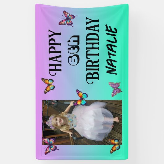 Personalized Photo and Age Butterfly Birthday Spandoek (Verticaal)