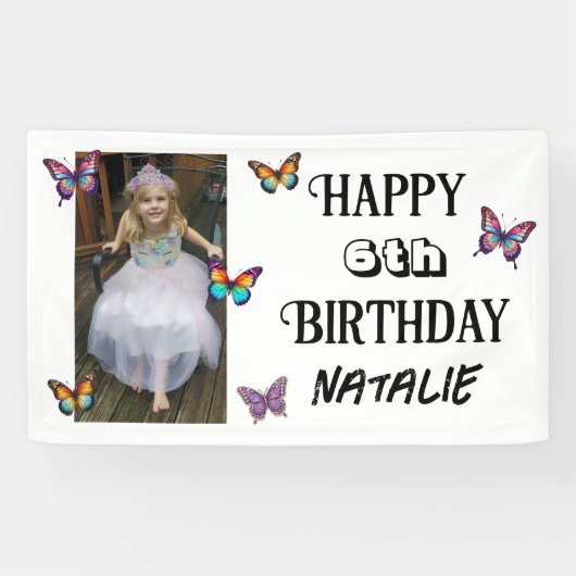 Personalized Photo and Age Butterfly Birthday Spandoek (Horizontaal)