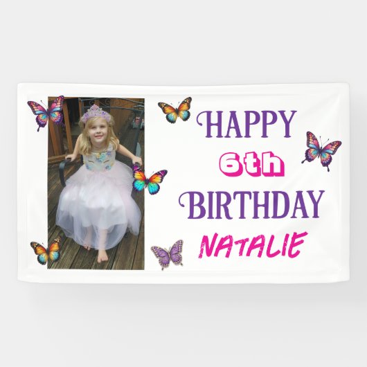 Personalized Photo and Age Butterfly Birthday Spandoek (Horizontaal)