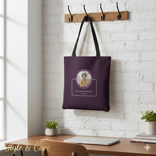Personalized Photo and Name with Title Dark Purple Tote Bag