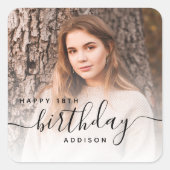 Personalized Photo Black Script 18th Birthday Vierkante Sticker (Voorkant)