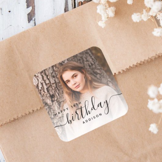 Personalized Photo Black Script 18th Birthday Vierkante Sticker