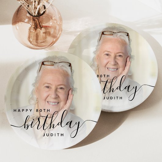 Personalized Photo Black Script 80th Birthday Papieren Bordje