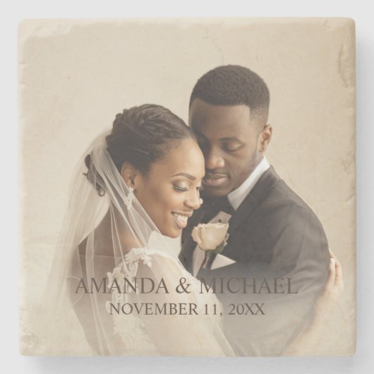 Personalized Photo Favor with Names & Wedding Date Stenen Onderzetter (Voorkant)
