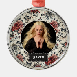 Personalized Photo Gothic Rose and Skull Christmas Metalen Ornament