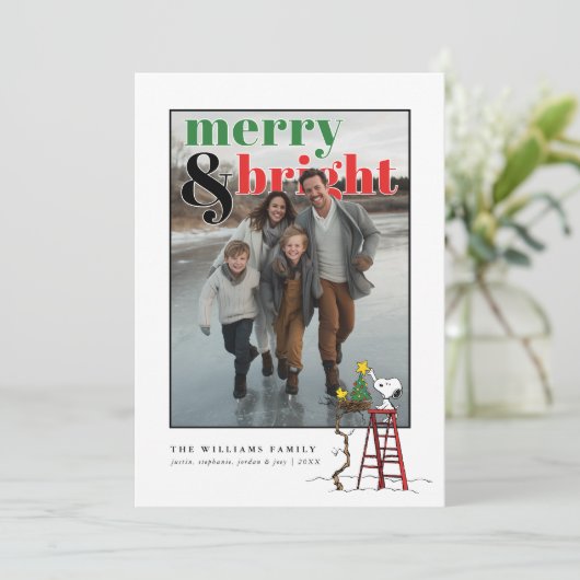 Personalized Photo Holiday Snoopy & Woodstock Feestdagenkaart (Staand voorkant)