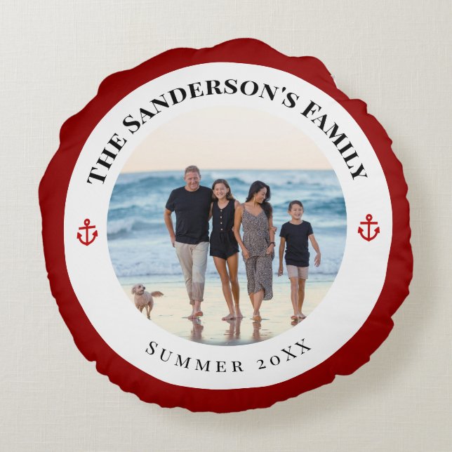 Personalized Photo in Black Circle with Red Anchor Rond Kussen (Achterkant)