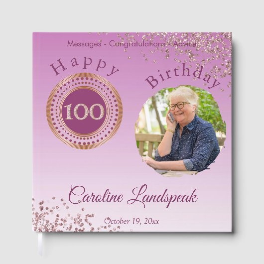 Personalized Photo Rose Gold Glitter 100 Birthday Gastenboek (Voorkant)