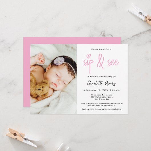 Personalized Photo Sip and See Baby Girl Shower Kaart (Voorkant / Achterkant in situ)