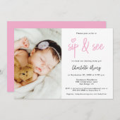 Personalized Photo Sip and See Baby Girl Shower Kaart (Voorkant / Achterkant)