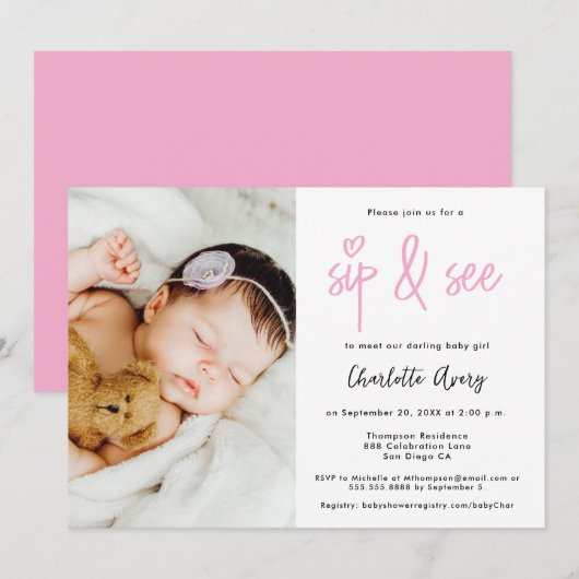 Personalized Photo Sip and See Baby Girl Shower Kaart (Voorkant / Achterkant)
