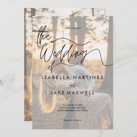 Personalized Photo Sunset Elegant Script Wedding Kaart (Voorkant / Achterkant)