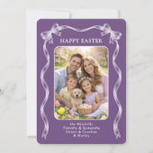 Personalized Photo White Ribbon On Violet Easter Feestdagenkaart (Voorkant)