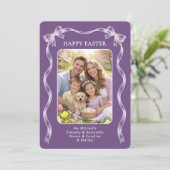 Personalized Photo White Ribbon On Violet Easter Feestdagenkaart (Staand voorkant)