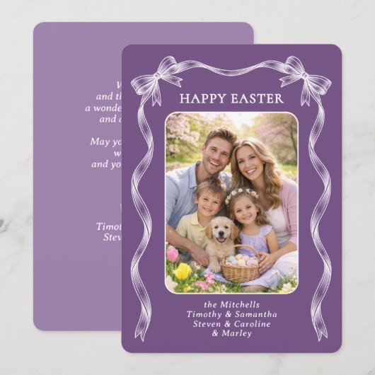 Personalized Photo White Ribbon On Violet Easter Feestdagenkaart (Voorkant / Achterkant)