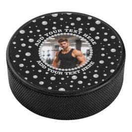 Personalized Photo with Pearls Circle on Black Hockey Puck