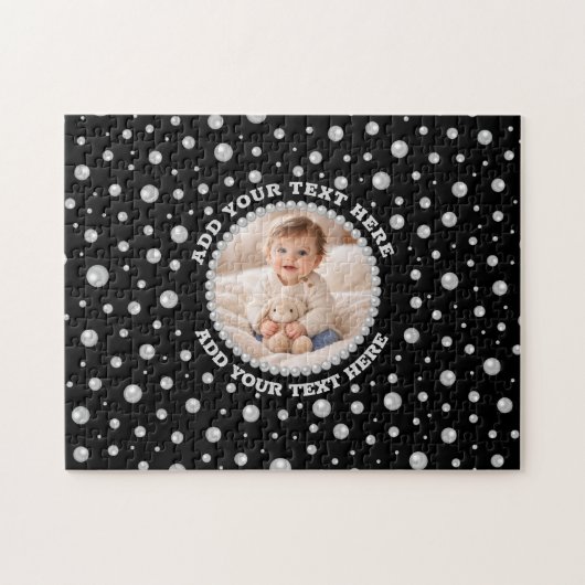 Personalized Photo with Pearls Circle on Black Legpuzzel (Horizontaal)