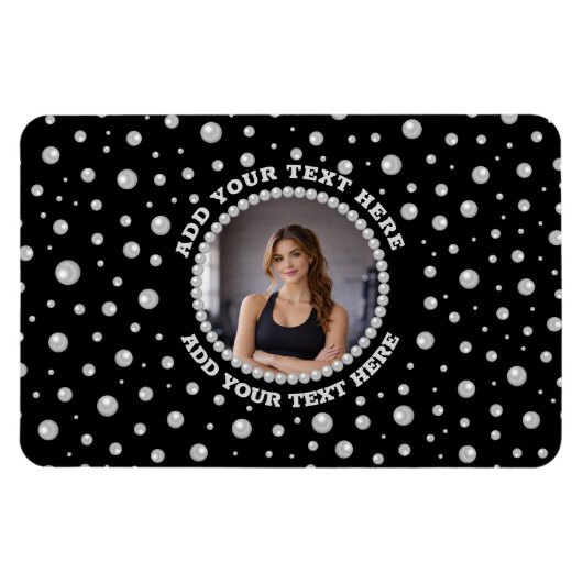 Personalized Photo with Pearls Circle on Black Magneet (Horizontaal)