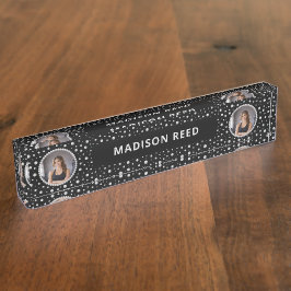 Personalized Photo with Pearls Circle on Black Naambordje