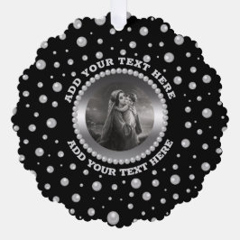 Personalized Photo with Pearls Circle on Black Ornament Kaart