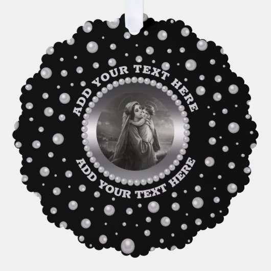 Personalized Photo with Pearls Circle on Black Ornament Kaart (Voorkant)