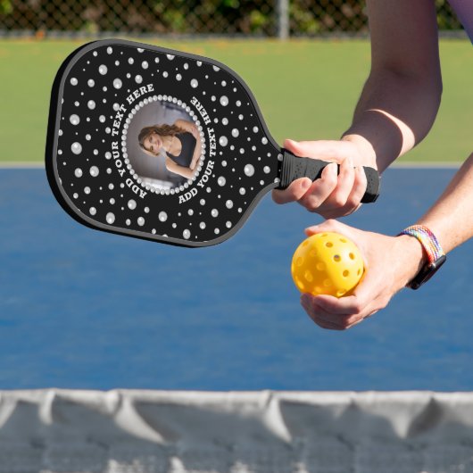 Personalized Photo with Pearls Circle on Black Pickleball Paddle (Insitu)