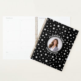 Personalized Photo with Pearls Circle on Black Planner