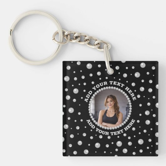 Personalized Photo with Pearls Circle on Black Sleutelhanger (Voorkant)