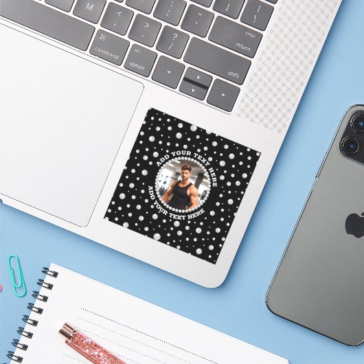 Personalized Photo with Pearls Circle on Black Sticker (Laptop met iPhone)