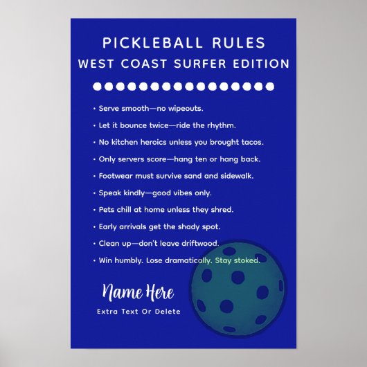 Personalized Pickleball Rules West Coast Surfer Poster (Voorkant)